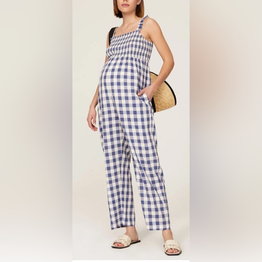 Nom‎ Maternity Jumpsuit in Gingham Blue and White - XS